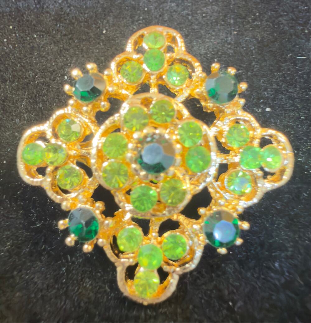 Vintage Gold-Tone Green Rhinestone Floral Brooch Openwork Filigree Statement Pin
